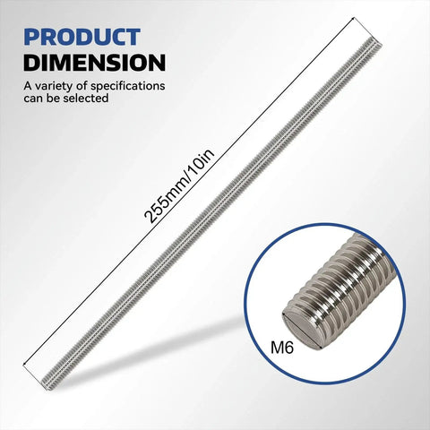 Four Pcs M6 255mm Fully Threaded Stainless Steel Rods With Nuts Right Hand Threads 304 Grade Rust Resistant 10 Inch Long