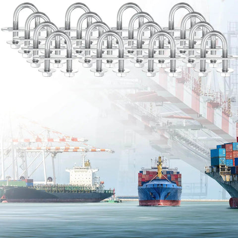 Complete 16-piece U-bolt kit with M6 zinc plated round bends, plates, nuts and washers, shown over a shipping port background