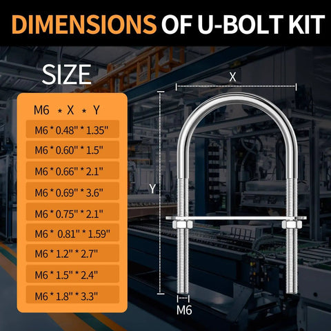 Diagram showing M6 U-bolts with dimensions for trailers and boats, 4-set kit with frame plates, nuts, washers, zinc-plated steel clamps.