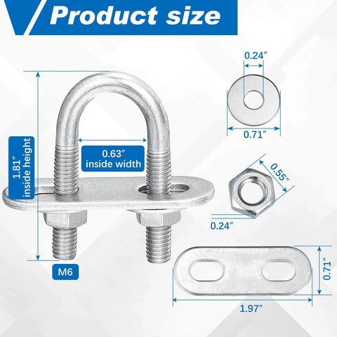 Dimension details of complete 16-piece U-bolt kit with M6 zinc plated round bends, plates, nuts, and washers for pipe mounting.