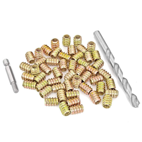 80 Piece M6 Wood Nut Inserts Set With Flush Surface Install Hex Socket Drive M6x15mm Includes 9mm White Steel Drill Bit And Matching Drive Tool For Woodworking Projects Metal Headless Threaded Fasteners For Furniture DIY PGMJ, drill bit, and drive tool.
