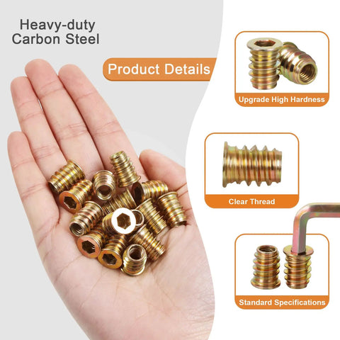 M6 Wood Threaded Inserts Kit 10mm Length Zinc Plated Carbon Steel 50 Pcs With Hex Spanner For Furniture Screws And Wood Joints