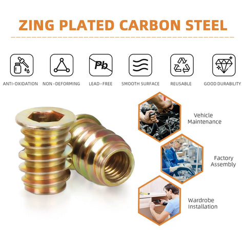 M6 Wood Threaded Inserts Kit 10mm Length Zinc Plated Carbon Steel 50 Pcs With Hex Spanner for furniture screws and joints