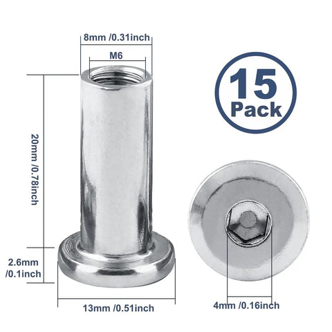 15 Pcs M6 x 20mm Binding Post Screws Socket Cap Furniture Bolts Nickel Plated With Hex Nuts Insert Nuts And Countersunk Rivet Style Fasteners