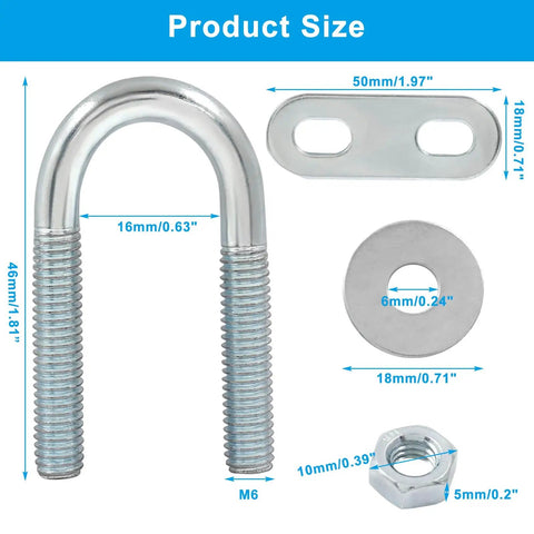 Four M6 zinc plated steel U bolts with nuts, plates, washers; rust resistant, burr-free; 16mm inner width, 46mm length.
