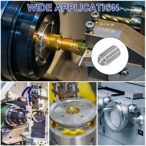 Collage displaying 20 Pcs M6x10mm Ball Point Set Screws 304 Stainless Steel With Hex Socket Spring Ball Point Grub Screws in use.