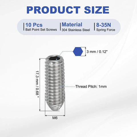 Product size chart of M6x16mm Ball Point Set Screws 10 Pcs 304 Stainless Steel Hex Socket Spring Ball Point Grub Screws