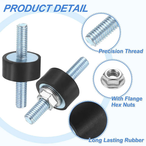 Built Tough M6 X 18mm Rubber Mounts With 10 X 20mm Cylindrical Anti Vibration Isolators, 45mm Overall Length, Double Studs With Nuts