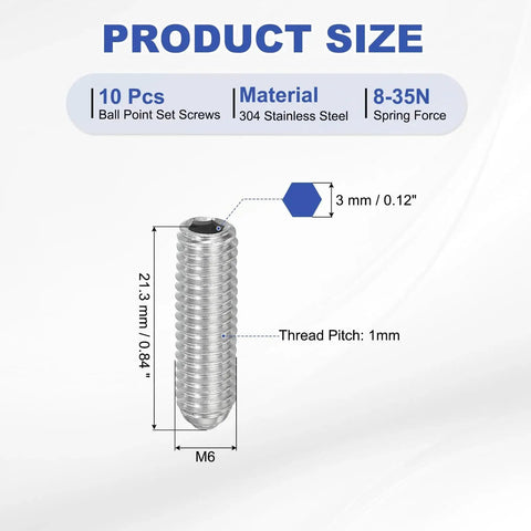M6x20mm Ball Point Set Screws 10 Pcs 304 Stainless Steel Hex Socket Spring Ball Point Grub Screws dimensions and details image