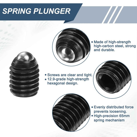 10pcs M8 x 10mm Screw Thread Ball Plunger Set, High Carbon Steel Hex Socket Spring Loaded Ball Plungers, Black Finish Details