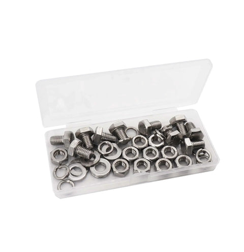 Open storage box with M8 20mm Hex Bolts and Nuts Kit 304 Stainless Steel 10 Pack With Flat Washers and Spring Lock Washers