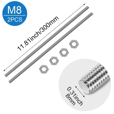Two Pack M8 X 300mm Fully Threaded Stainless Steel Rods 304 Grade Cuttable Right Hand Threads Ideal For Anchor Bolts Clamps