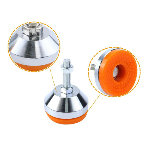 M8 thread adjustable leg levelers with a 2 inch leveling screw and 600 lb capacity, orange anti-skid rubber base in close-up