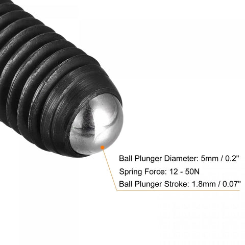 Close-up of Ball Point Set Screws M8 x 35mm high carbon steel with ball plunger and hex socket, showing spring force and stroke details.