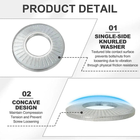 Product detail showing single-side knurled surface and concave design of M8 Belleville Spring Washers 8x16x1.4mm 65Mn Steel