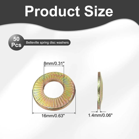 Dimensions of M8 Belleville Spring Washers 8x16x1.4mm 65Mn Steel Yellow Zinc 50 Pcs with size labels