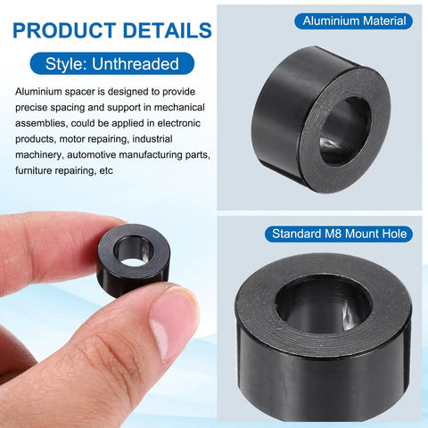 10 Pack M8 Aluminum Spacers Unthreaded Black 5/16 Inch Inner Diameter 5/8 Inch Outer Diameter 5/16 Inch Length Standoff Spacers For M8 Screws Bolts Durable DIY Ready For Enclosures And Projects.
