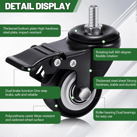 Close-up of Set Of 8 M8 Caster Wheels 2 Inch Swivel Threaded Stem With Dual Brake Heavy Duty showing components and features.