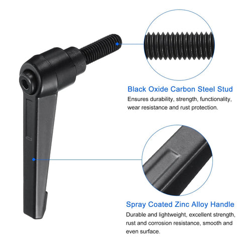 Image of a black oxide carbon steel M8 x 20mm clamping lever handle with quick release and zinc alloy handle, close-up details shown.