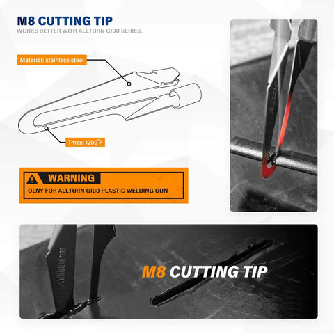 Diagram and close-up of M8 cutting tip compatible with 2 In 1 Plastic Welding Kit With Hot Staples Weld Gun For Car Bumpers