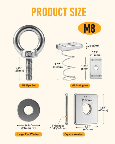 Heavy Duty Strut Channel Nut And Eye Bolt Set With Stainless Steel Eye Bolts M8 And M10 Zinc Plated Spring Nuts And Long Spring For Unistrut T Slot Channel Pack Of 4 product sizes and components including M8 eye bolt, spring nut, flat washer, and square washer, with dimensions.
