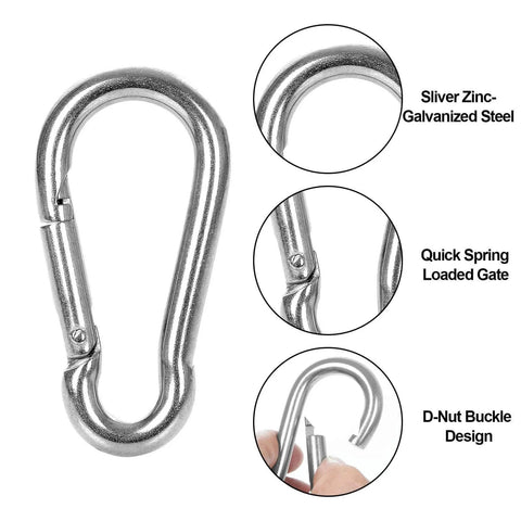 Sixty Pack Heavy Duty Galvanized Steel Carabiner Clips M8 Three And One Eighth Inch Spring Snap Hooks for camping and hiking.
