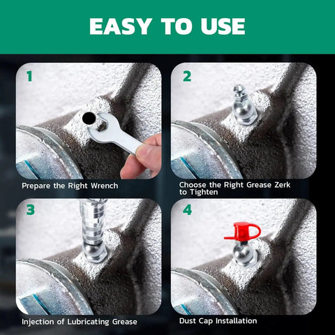 Steps showing installation and use of M8 Grease Fittings Kit 50 pcs straight zerk fittings including wrench and caps on machinery