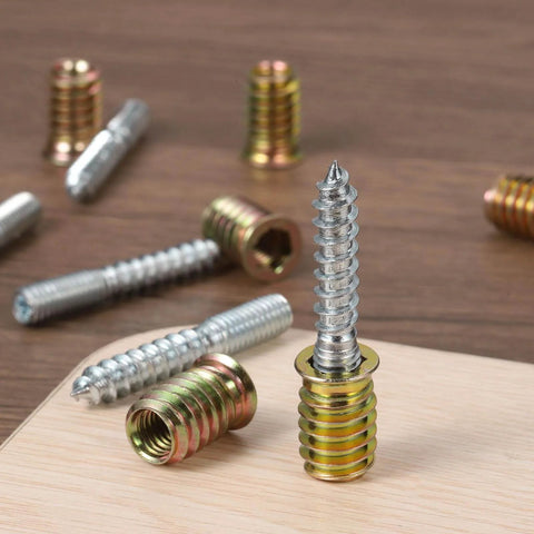 M8x50mm Hanger Bolts, 8pcs 31mm Wood Dowel Screw Self-Tapping Screw with M8x20mm Threaded Insert Nuts on wooden surface