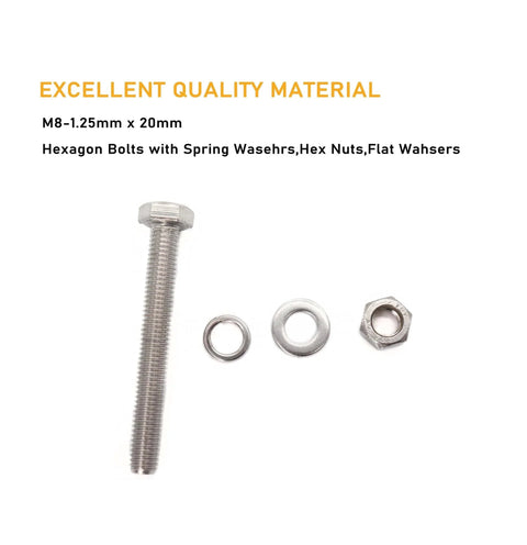 M8 20mm Hex Bolts and Nuts Kit 304 Stainless Steel 10 Pack With Flat Washers and Spring Lock Washers shown with components