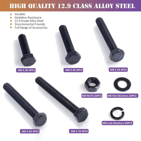 M8 X 1.25 Bolt And Nut Set 80Pcs With Flat And Lock Washers, 30 to 70mm Hex Head, 12.9 Grade Black Alloy Steel