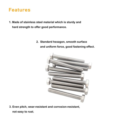 Pile of M8 20mm hex bolts from the M8 20mm Hex Bolts and Nuts Kit 304 Stainless Steel 10 Pack With Flat Washers and Spring Lock Washers