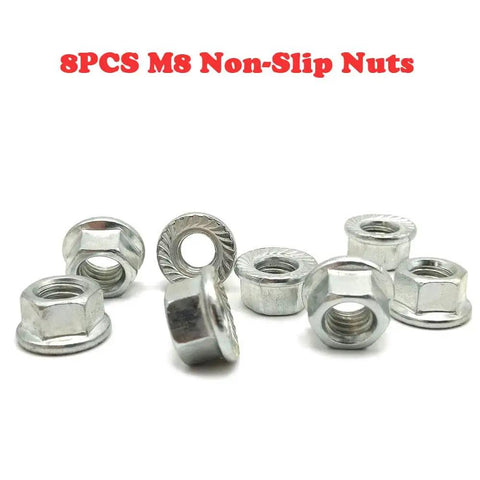 Eight M8 non-slip nuts displayed on a white background with text '8PCS M8 Non-Slip Nuts' above.