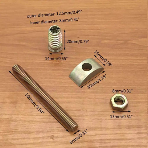 Four In One M8 Panel Furniture Connectors Kit Six Pieces For Wardrobe Table And Bed Assembly With 100 Mm Bolts Nuts And Half Moon Spacers Heavy Duty Iron Alloy Hardware For Easy Install And Strong Long Lasting Joints, showing bolts, nuts, and spacers.