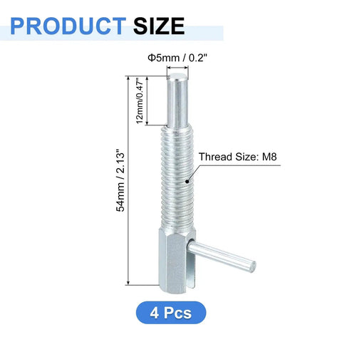 4 Pack Retractable Indexing Plunger Pins M8 Carbon Steel Spring Loaded Latch Pins for machinery, 54x25 mm size, 12x5 mm pin.