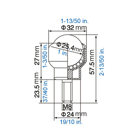 Technical diagram of 1 Inch M8 Roller Ball Transfer Bearing Casters Stud Mounted Carbon Steel Units with dimensions labeled.