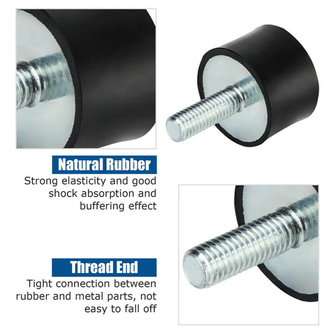 Close-up of eight 8-piece M8 rubber anti-vibration isolator mounts showing natural rubber and threaded metal stud end.
