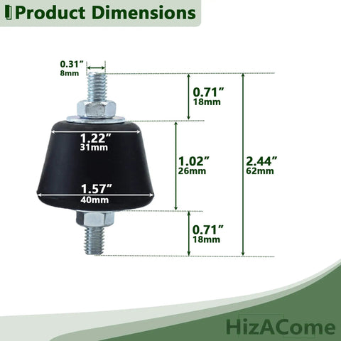 Durable M8 double-stud anti-vibration mounts with 40x26mm rubber pads for quiet, stable operation, dimensions diagram shown