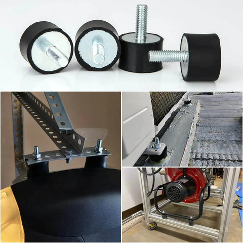 Eight 8-piece M8 rubber anti-vibration isolator mounts reduce equipment vibration and noise, installed on machinery and surfaces.