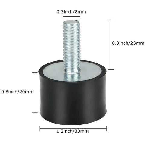 Eight 8-piece M8 rubber anti-vibration isolator mounts reduce equipment vibration and noise, shown with dimensions