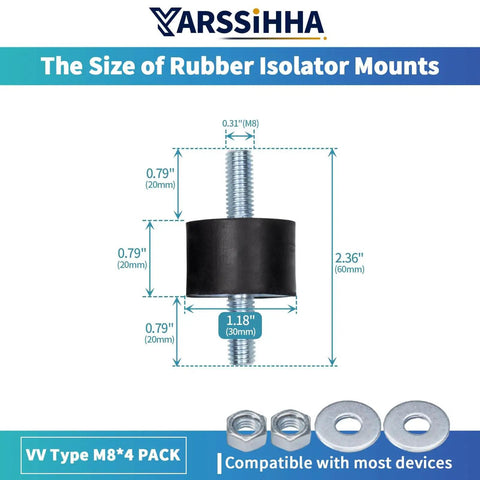 Diagram of 4 Pack M8 Anti Vibration Rubber Isolator Mounts 30x20mm dimensions with hardware