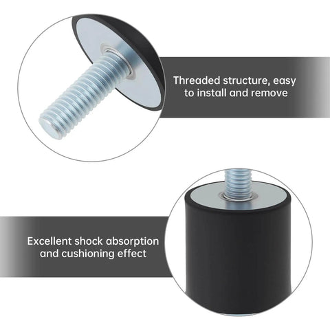 Close-up of M8 rubber isolator mount, threaded structure and shock absorption feature, used to cut vibration and noise from air compressors, pumps, motors, and generators with a durable 4 pack M8 rubber isolator mounts, 30x30mm, double-ended studs, delivering steady damping and longer equipment life.