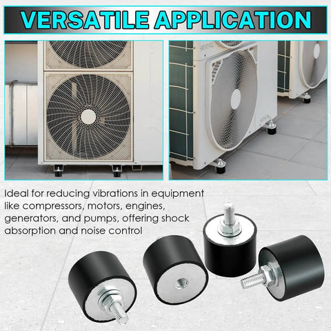 4 Pack M8 Rubber Isolator Mounts 40x30mm Anti Vibration Shock Absorbers With Studs And Nuts shown near air compressors
