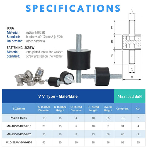 Specifications for M8 Rubber Mounts Anti Vibration Isolators 30x20mm Cylindrical Vibration Isolation Mounts For Air Compressors Motors Diesel Engines Four Pack With Eight Lock Nuts with diagram and components shown.