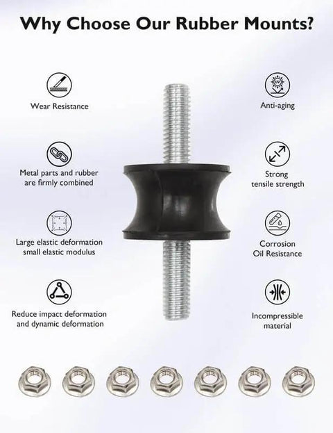 Efficient M8 vibration isolation mounts with rubber waisted design, hex lock nuts, durability features, anti-aging properties