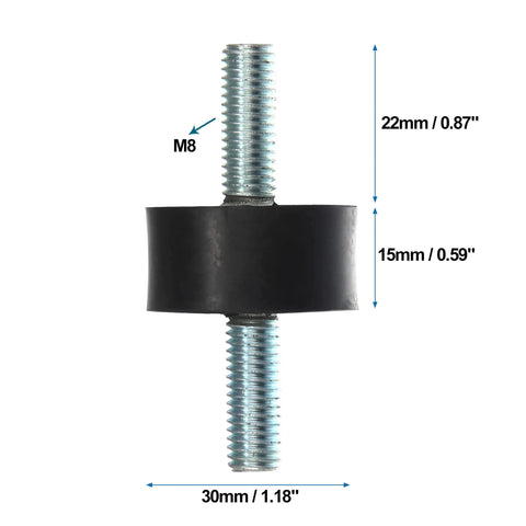 Durable M8 rubber vibration isolators, 30x15mm with 22mm thread length, side view showing dimensions and threading detail.