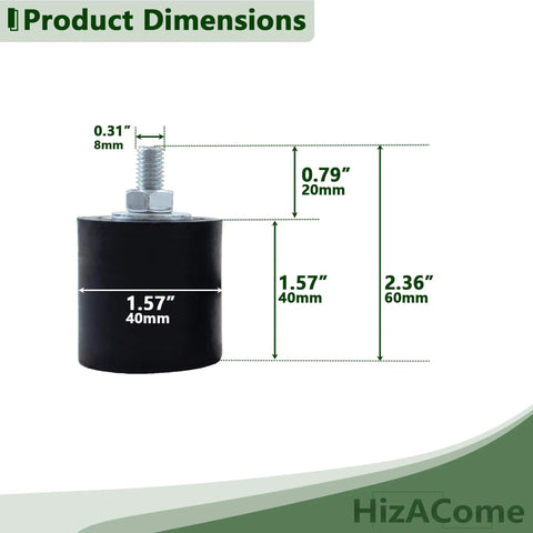 M8 rubber vibration isolator mounts with 40x40mm base, 60mm height, and single stud design, showing dimensions.
