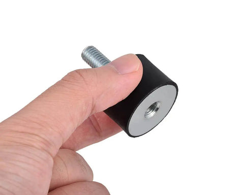 Hand holding an M8 cylindrical rubber anti vibration mount with threaded stud, efficiently dampens vibration and noise.