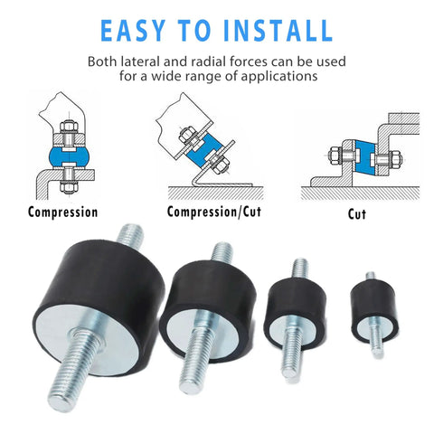 M8 Rubber Mounts Anti Vibration Isolators 30x20mm Cylindrical Vibration Isolation Mounts for air compressors motors diesel engines, four pack with eight lock nuts