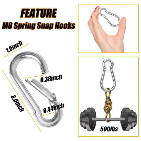 Close-up of 30 Pcs Heavy Duty 3 Inch Spring Snap Hook M8 Five Sixteenth Inch Galvanized Steel Carabiner lifting 500 lbs weight.