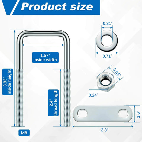 Square U Bolts M8 Set Carbon Steel With Nuts Washers And Frame Plates For 40mm Square Tubing And Sailboat Trailers Industrial Hardware Kit Includes 8 U Bolts 16 Washers 16 Nuts And 8 Frame Plates dimensions diagram